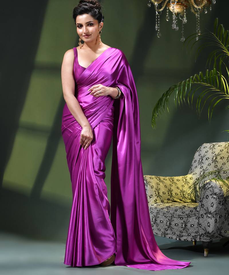 Soft satin silk saree one color solid design satin sari crepe farewell saree for women