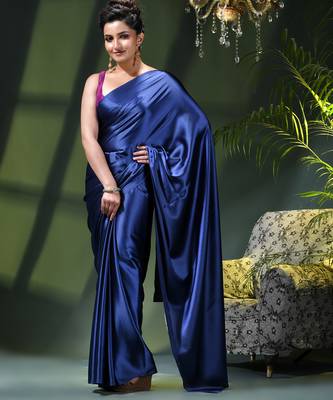 Soft satin silk saree one color solid design satin sari crepe farewell saree for women 1
