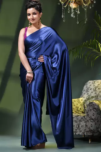 Soft satin silk saree one color solid design satin sari crepe farewell saree for women