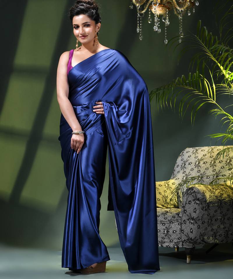 Soft satin silk saree one color solid design satin sari crepe farewell saree for women