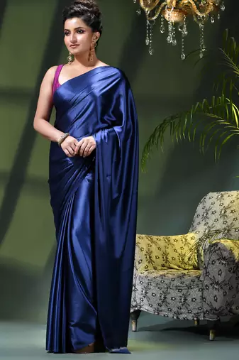 Soft satin silk saree one color solid design satin sari crepe farewell saree for women