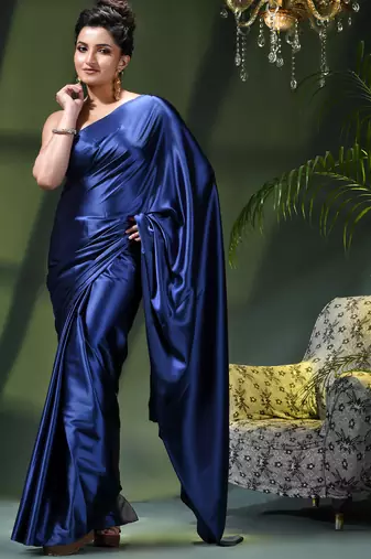Soft satin silk saree one color solid design satin sari crepe farewell saree for women