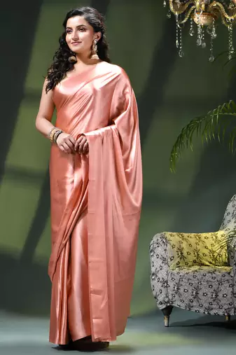 Soft satin silk saree one color solid design satin sari crepe farewell saree for women