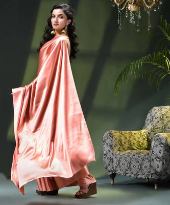 Soft satin silk saree one color solid design satin sari crepe farewell saree for women 3