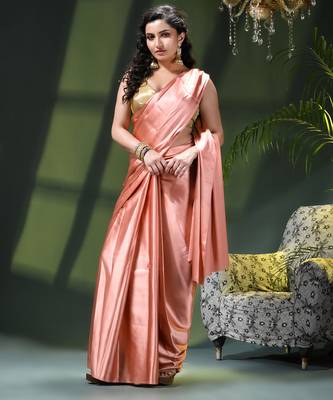 Soft satin silk saree one color solid design satin sari crepe farewell saree for women 5