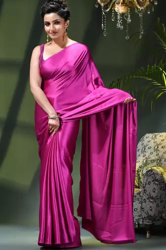 Soft satin silk saree one color solid design satin sari crepe farewell saree for women