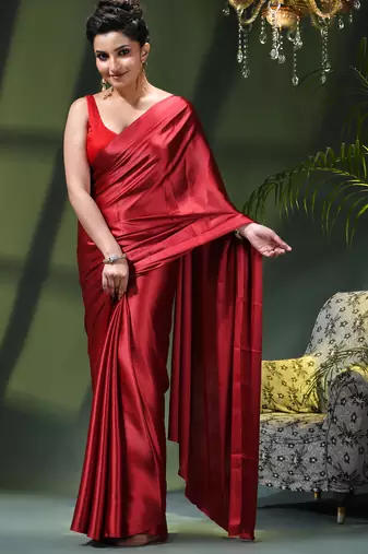 Soft satin silk saree one color solid design satin sari crepe farewell saree for women