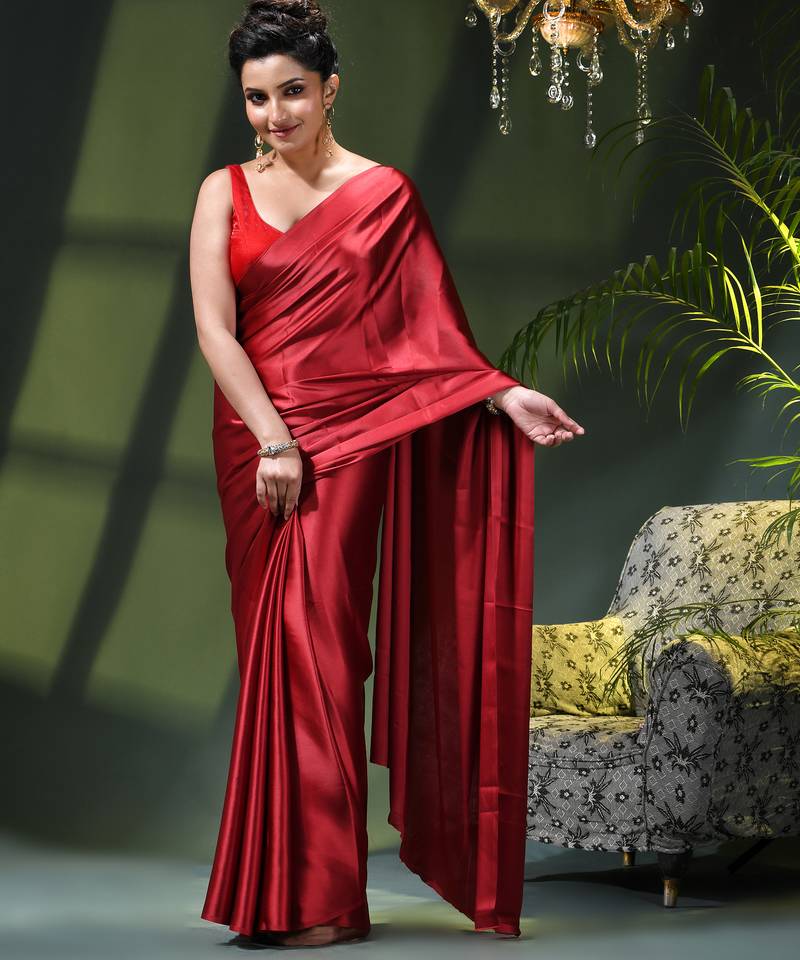 Soft satin silk saree one color solid design satin sari crepe farewell saree for women