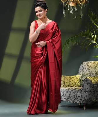 Soft satin silk saree one color solid design satin sari crepe farewell saree for women 2