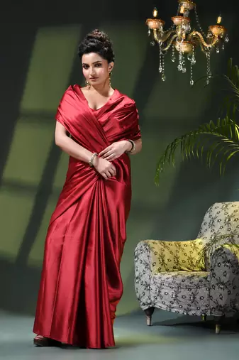 Soft satin silk saree one color solid design satin sari crepe farewell saree for women