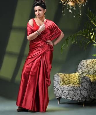 Soft satin silk saree one color solid design satin sari crepe farewell saree for women 5