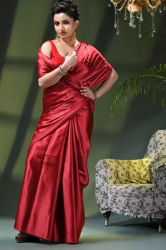 Soft satin silk saree one color solid design satin sari crepe farewell saree for women