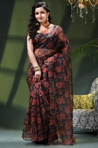 Women's printed organza sari trending rose leaf design fancy wedding saree for women