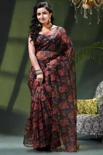 Women's printed organza sari trending rose leaf design fancy wedding saree for women