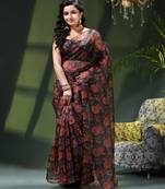 Women's printed organza sari trending rose leaf design fancy wedding saree for women