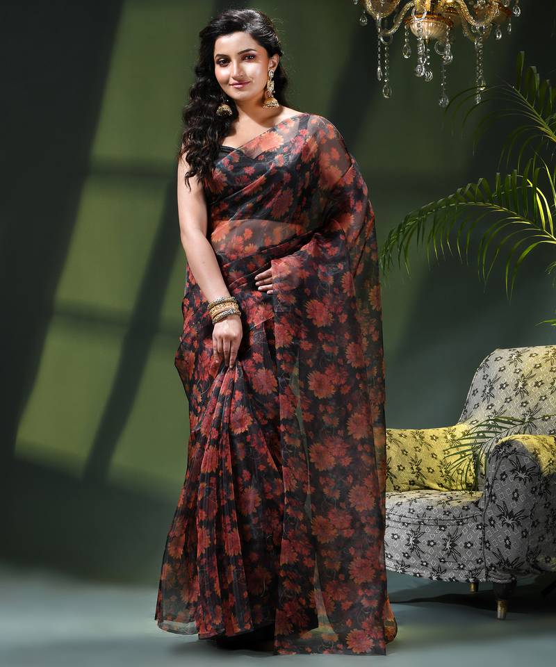 Women's printed organza sari trending rose leaf design fancy wedding saree for women