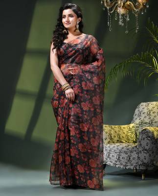 Women's printed organza sari trending rose leaf design fancy wedding saree for women 2
