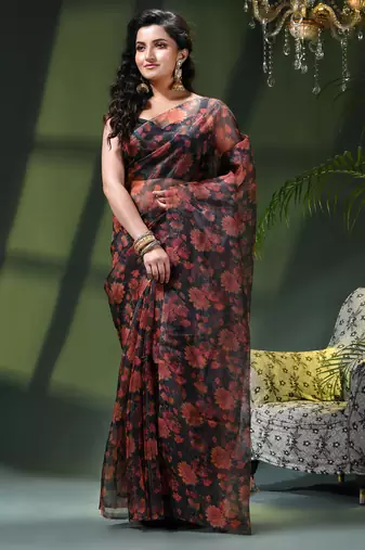 Women's printed organza sari trending rose leaf design fancy wedding saree for women