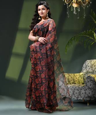 Women's printed organza sari trending rose leaf design fancy wedding saree for women 3