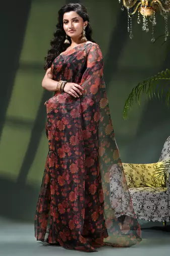 Women's printed organza sari trending rose leaf design fancy wedding saree for women