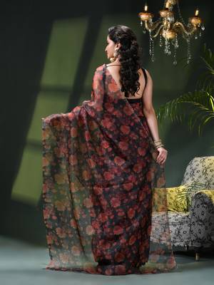 Women's printed organza sari trending rose leaf design fancy wedding saree for women 4