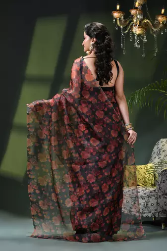 Women's printed organza sari trending rose leaf design fancy wedding saree for women