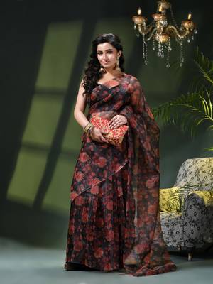 Women's printed organza sari trending rose leaf design fancy wedding saree for women 5