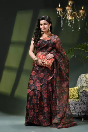 Women's printed organza sari trending rose leaf design fancy wedding saree for women