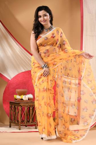 Women's printed organza sari trending rose leaf design fancy wedding saree for women