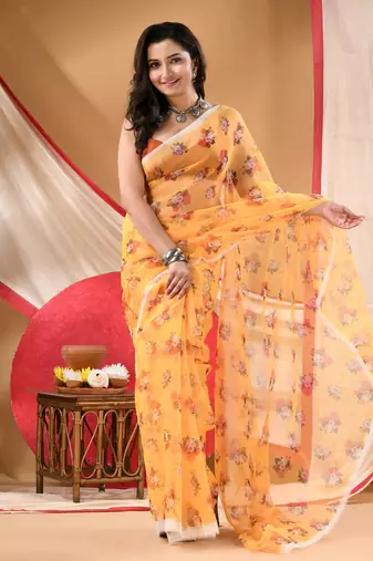 Women's printed organza sari trending rose leaf design fancy wedding saree for women