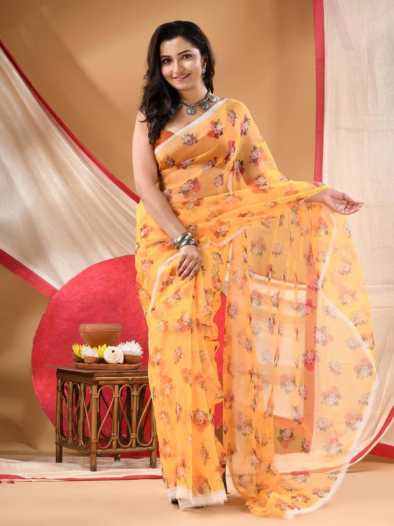 Women's printed organza sari trending rose leaf design fancy wedding saree for women