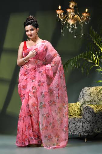 Women's printed organza sari trending rose leaf design fancy wedding saree for women