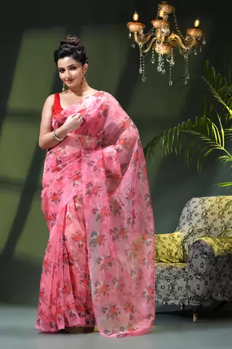 Women's printed organza sari trending rose leaf design fancy wedding saree for women