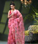 Women's printed organza sari trending rose leaf design fancy wedding saree for women