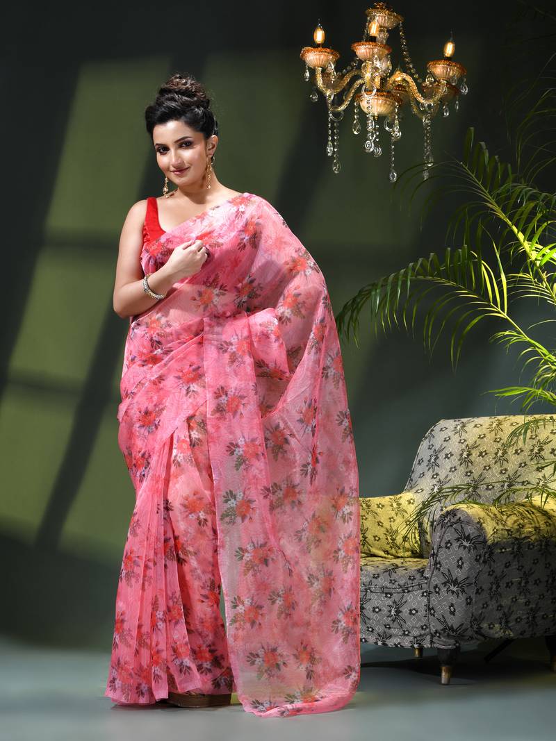 Women's printed organza sari trending rose leaf design fancy wedding saree for women