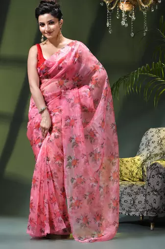 Women's printed organza sari trending rose leaf design fancy wedding saree for women