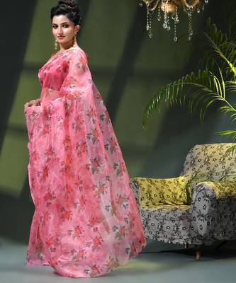 Women's printed organza sari trending rose leaf design fancy wedding saree for women 3