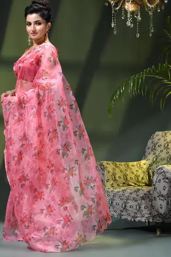 Women's printed organza sari trending rose leaf design fancy wedding saree for women