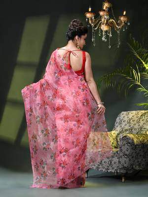 Women's printed organza sari trending rose leaf design fancy wedding saree for women 4
