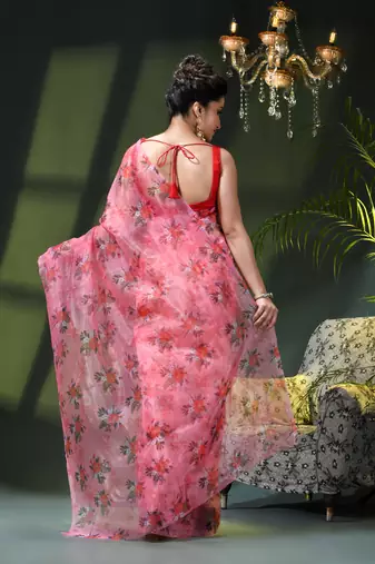Women's printed organza sari trending rose leaf design fancy wedding saree for women
