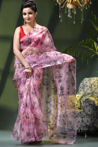 Women's printed organza sari trending rose leaf design fancy wedding saree for women