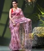 Women's printed organza sari trending rose leaf design fancy wedding saree for women