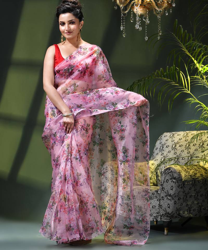 Women's printed organza sari trending rose leaf design fancy wedding saree for women