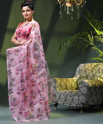 Women's printed organza sari trending rose leaf design fancy wedding saree for women 2