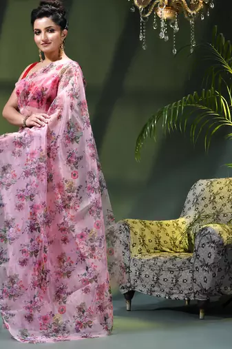 Women's printed organza sari trending rose leaf design fancy wedding saree for women
