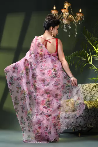 Women's printed organza sari trending rose leaf design fancy wedding saree for women