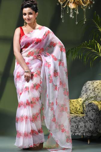 Women's printed organza sari trending rose leaf design fancy wedding saree for women