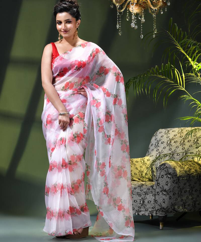 Women's printed organza sari trending rose leaf design fancy wedding saree for women