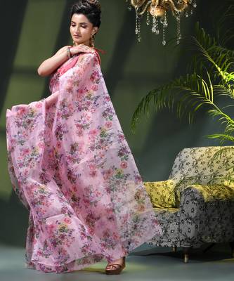 Women's printed organza sari trending rose leaf design fancy wedding saree for women 4