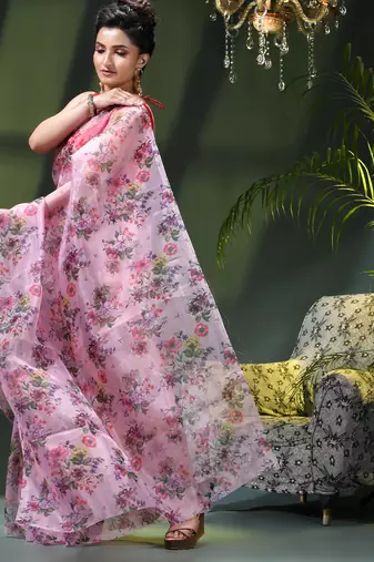 Women's printed organza sari trending rose leaf design fancy wedding saree for women